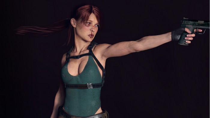 Lara Croft holding a pistol