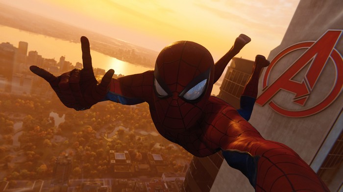 Spider-Man swings past Avengers Tower at sunset