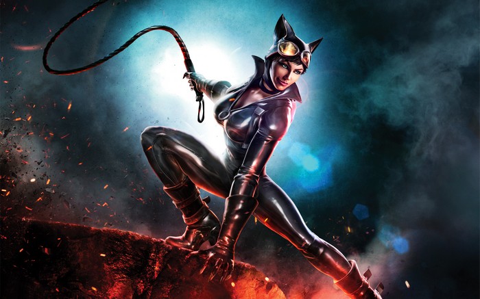 Catwoman with a whip in a dynamic pose