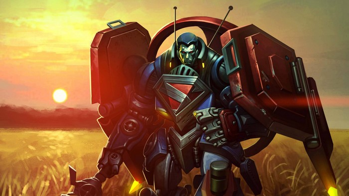 Superman in a mech suit during sunset
