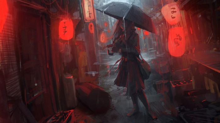 Anime girl with umbrella in rainy street with lanterns