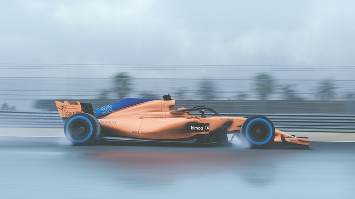 McLaren F1 car racing in the rain