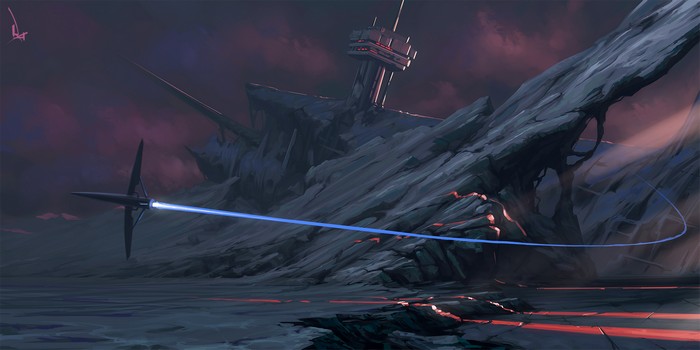 Sci-fi artwork of a spaceship near a rocky alien landscape