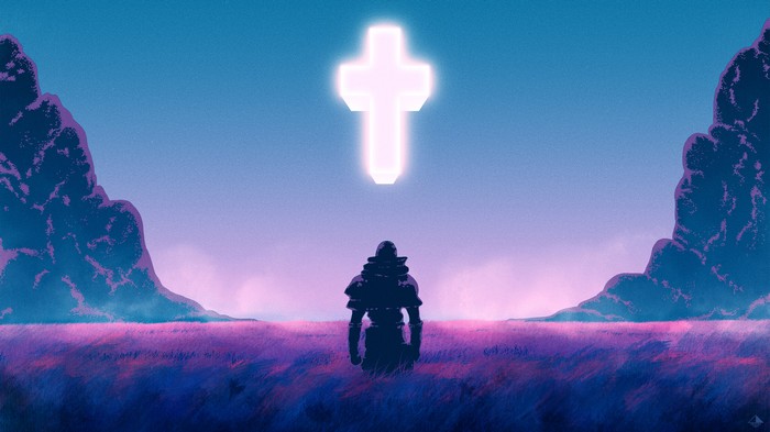 Digital art of a figure before a glowing cross