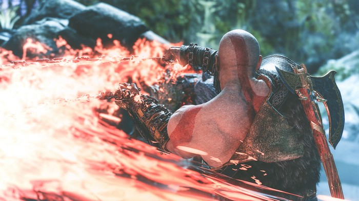 Kratos using Leviathan Axe in God of War 4K