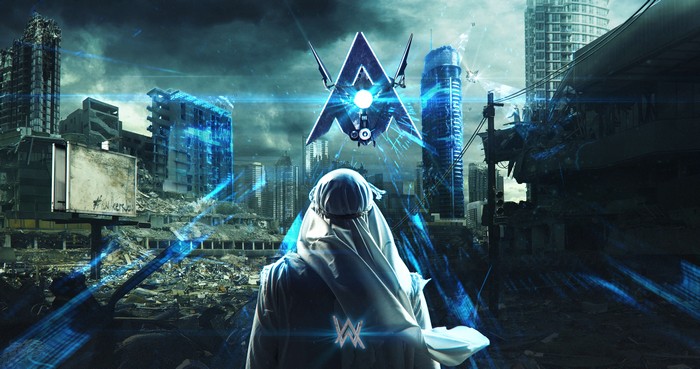 Alan Walker in a destroyed city with a drone