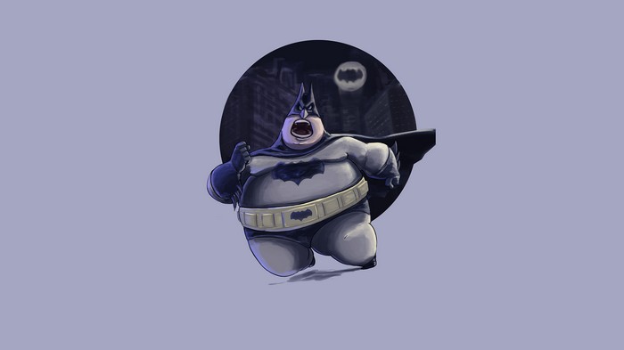 Fat Batman running in front of a city skyline