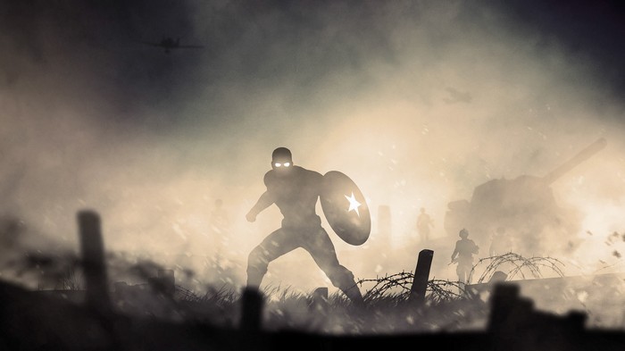 Captain America in a World War II battlefield illustration