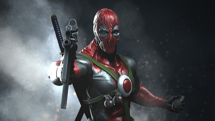 Deadpool holding a gun and a sword