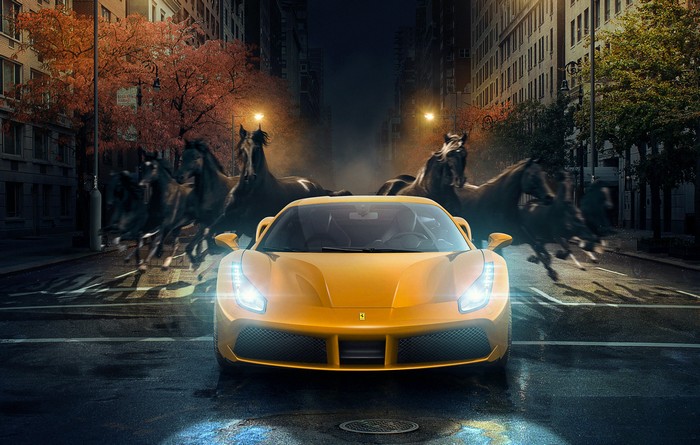 Yellow Ferrari 488 with horses on a city street