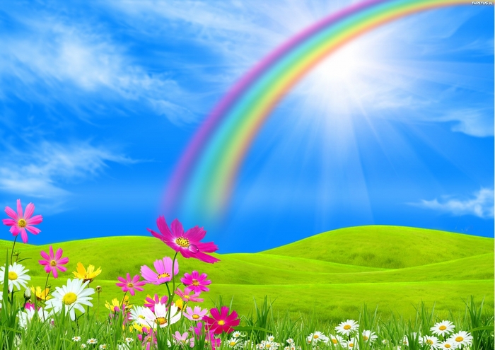 Rainbow over green hills with flowers