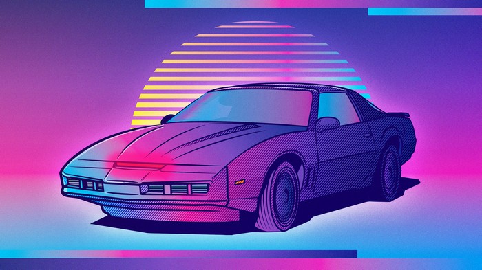 Retro car illustration with neon sunset