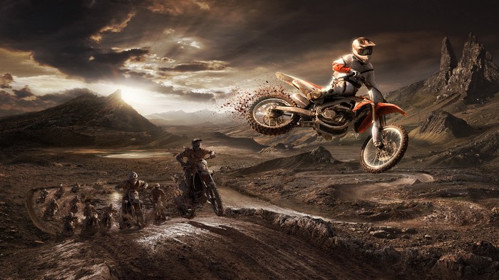 Digital art of motocross riders in a desert landscape