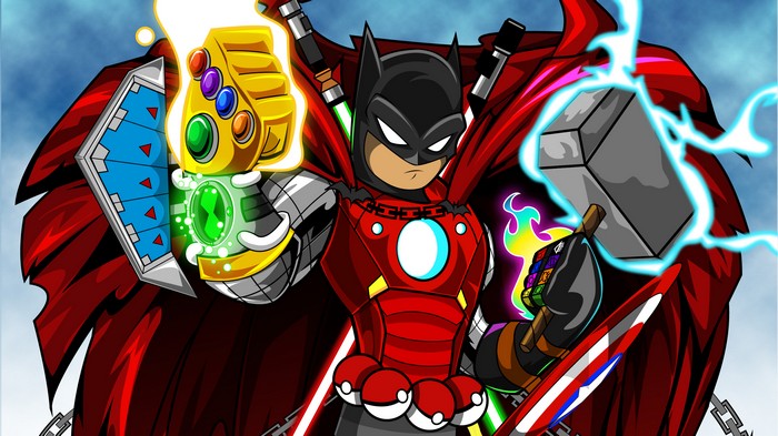 Batman with Infinity Gauntlet, Mjolnir, and Captain America's Shield
