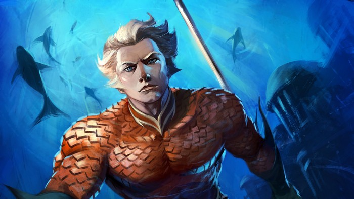 Aquaman in the ocean with sharks