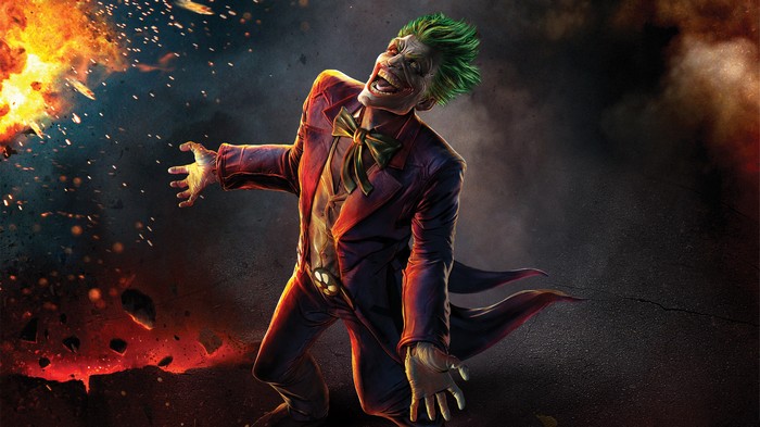 The Joker laughing amidst an explosion