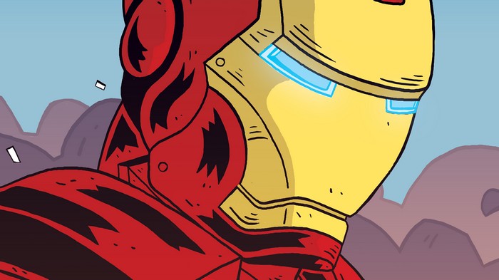 Iron Man in a cartoon style with mountains in the background