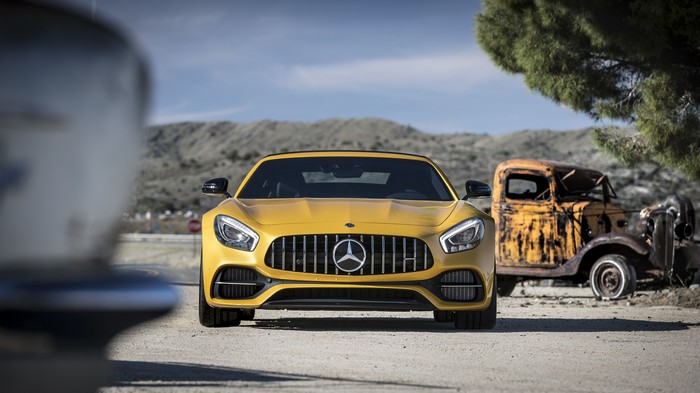 Yellow Mercedes-AMG GT R in a desert landscape