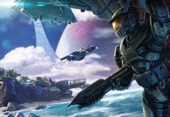 Master Chief and UNSC ships near a Halo ring