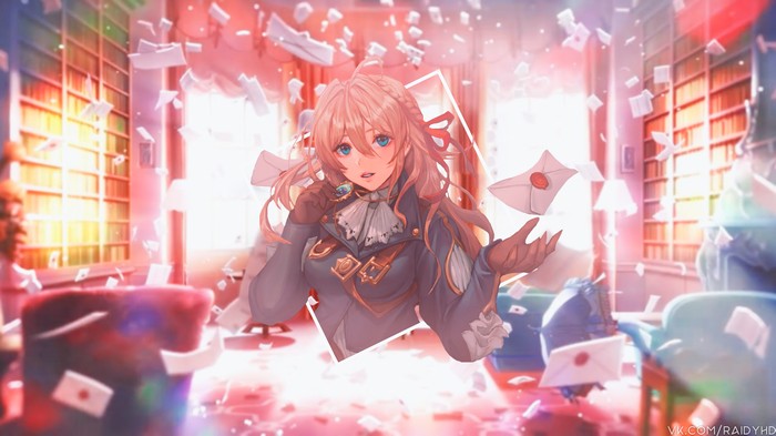 Violet Evergarden in a library with falling letters