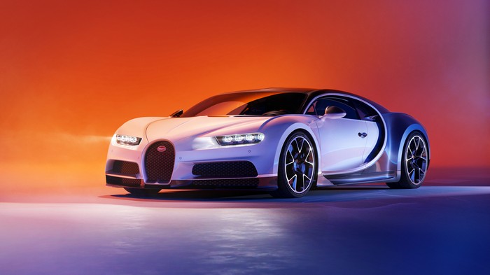 Bugatti Chiron in orange and purple lighting