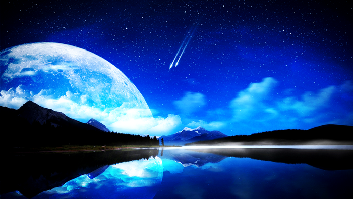 Moonlit Night with Shooting Star over Lake