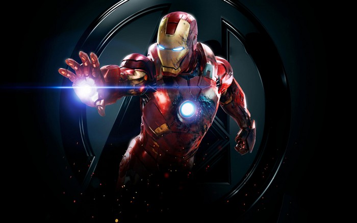 Iron Man in front of the Avengers logo