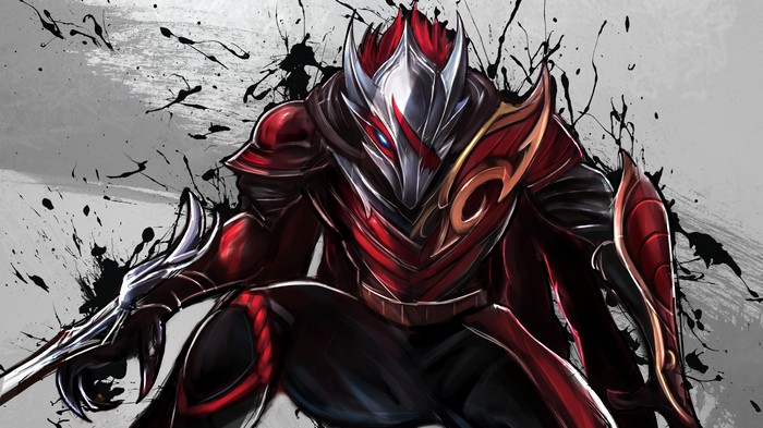 Artwork of a red and silver armored character