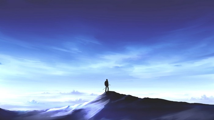 Anime artwork of a person on a mountain peak