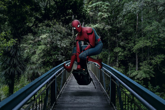 Spiderman crouches on a bridge in a forest