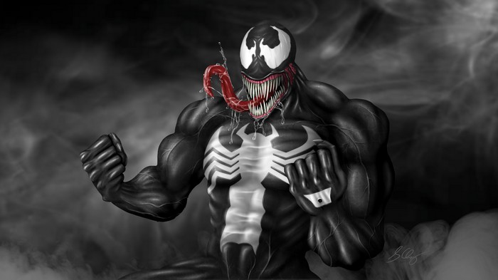 Venom artwork with a white spider symbol
