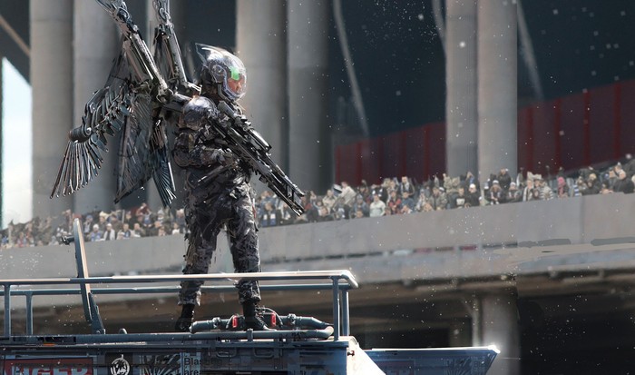 Warrior with mechanical wings and rifle