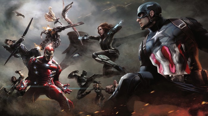 Captain America, Iron Man, Black Widow, and Black Panther in battle