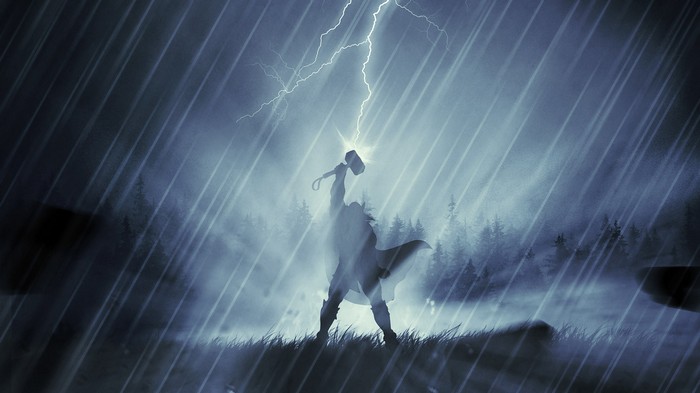 Thor raising Mjolnir during a lightning storm