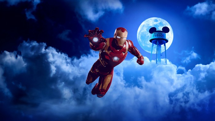Iron Man flying in front of Walt Disney Studios water tower