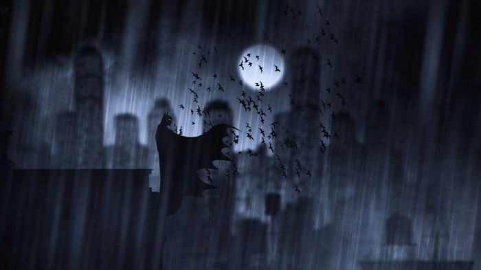 Batman in a rainy Gotham with bats and moon
