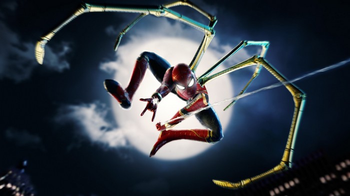 Spider-Man with mechanical arms in front of moon