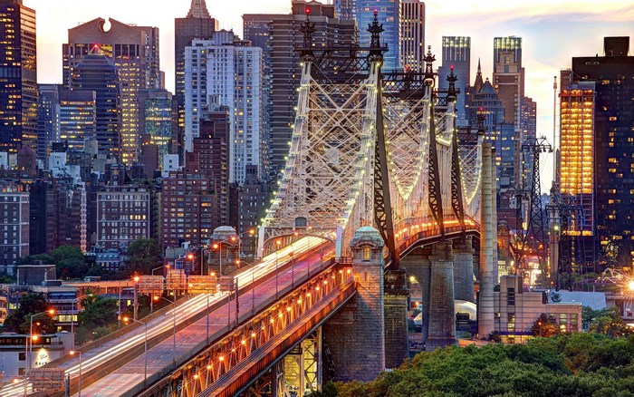 Queensboro Bridge and New York City Skyline at Dusk