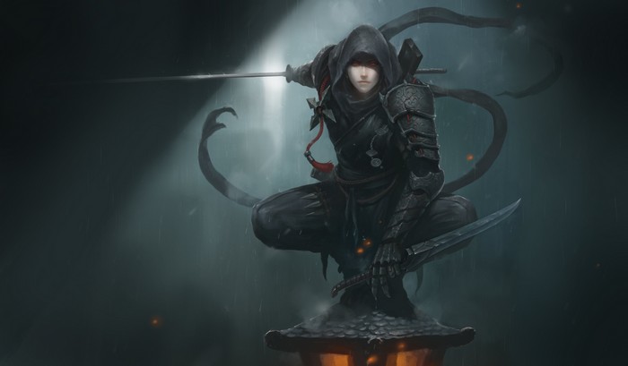 Ninja with swords in the rain