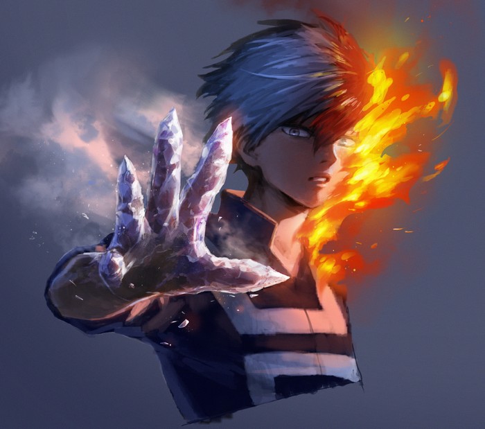 Shoto Todoroki from My Hero Academia using ice and fire