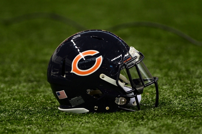 Chicago Bears football helmet on grass