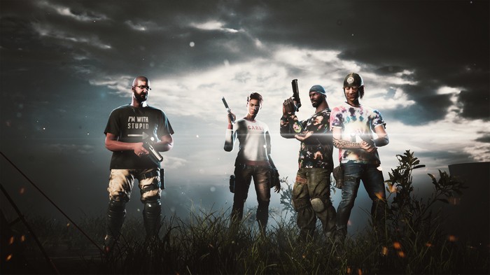 Four armed characters stand in a field under a cloudy sky