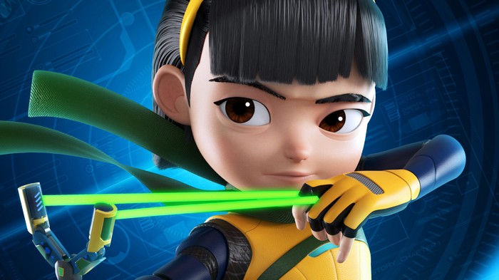 Ejen Ali aiming a futuristic slingshot