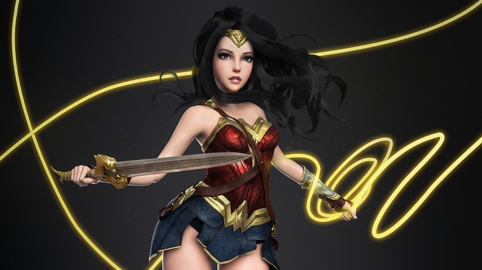 Wonder Woman holding a sword with Lasso of Truth