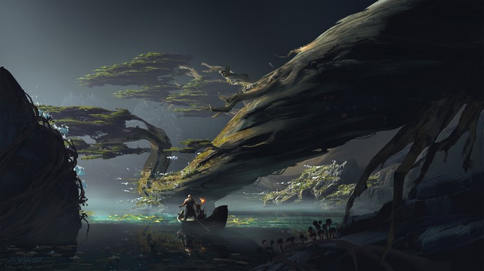 God of War 4 artwork with boat and giant tree