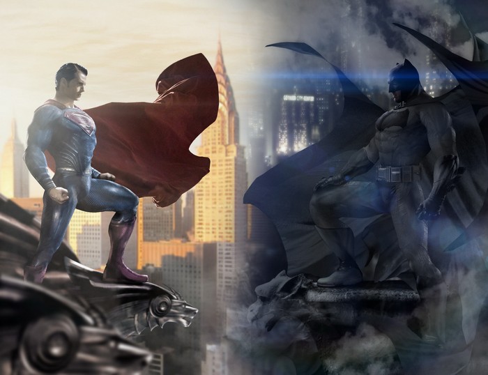 Superman and Batman facing each other in a city