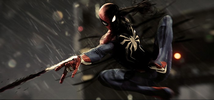Spider-Man in black and red suit with white spider symbol
