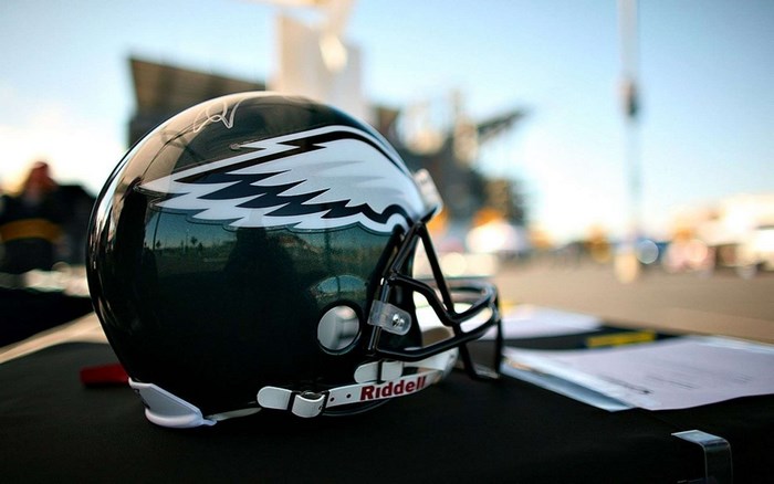 Philadelphia Eagles helmet on a table