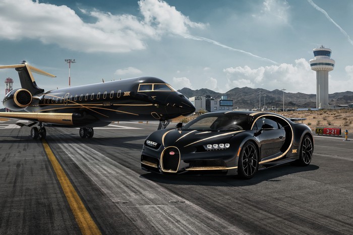 Bugatti Chiron and Private Jet on Tarmac