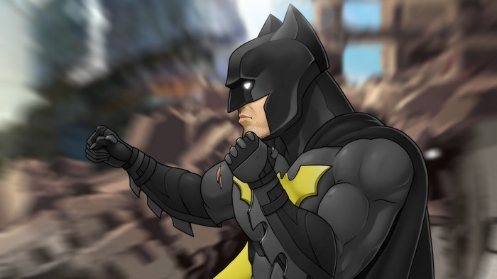 Batman in a fighting pose with a damaged background